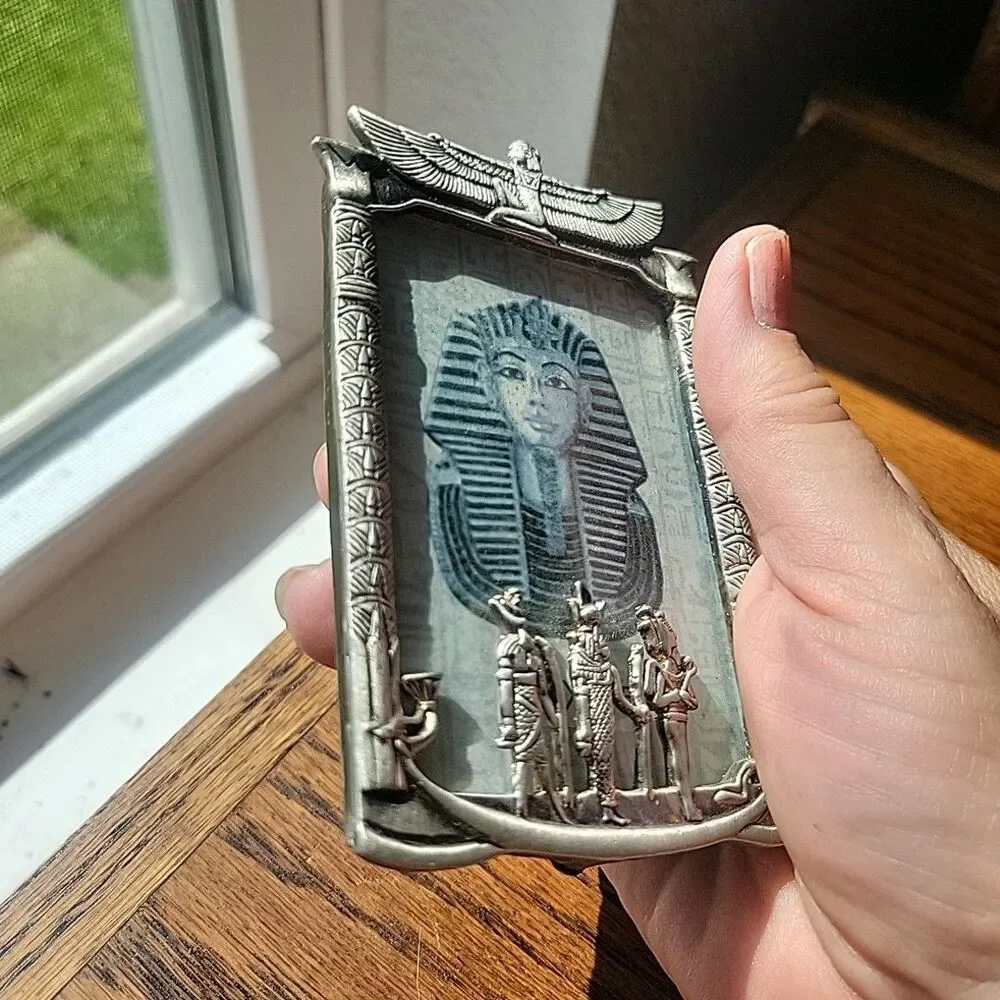 Vtg Egyptian Art Deco miniature photo frame Gods Hieroglyphs Silver 2.5x3.5
